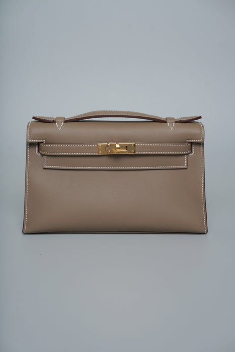 Hermes Kelly Pochette in Etoupe Swift Ghw (Brand New)