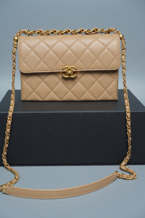 Chanel Small Flap Bag in Dark Beige Lambskin Ghw (Brand New)