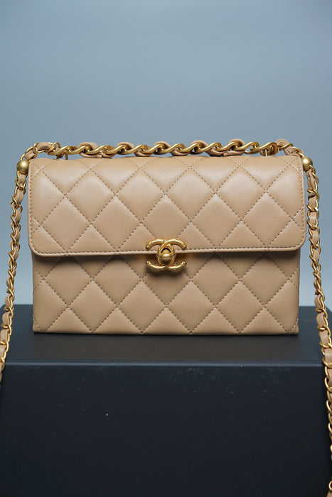 Chanel Small Flap Bag in Dark Beige Lambskin Ghw (Brand New)