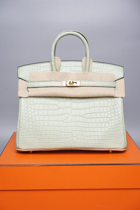 Hermes Birkin 25 in Vert D'Eau Matte Porosus Ghw (Brand New)