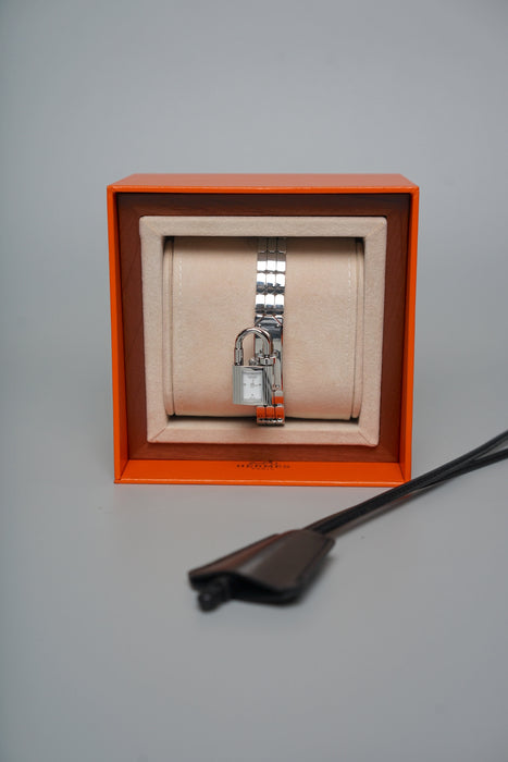 Hermes Kelly XS Acier-Laque Paillete BL Bracelet Acier Box in Silver Noir (Brand New)
