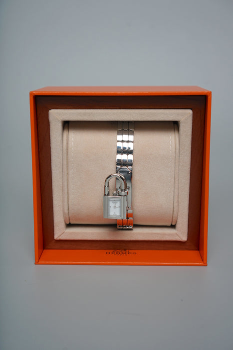Hermes Kelly XS Acier-Laque Paillete BL Bracelet Acier Box in Silver Noir (Brand New)