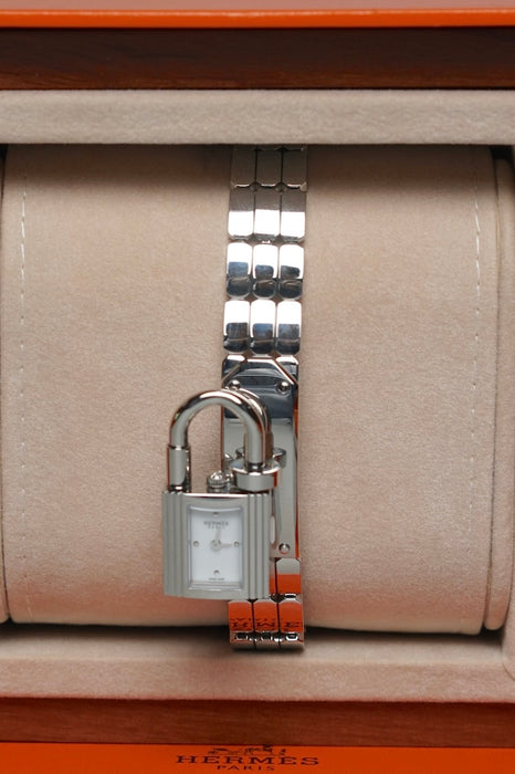Hermes Kelly XS Acier-Laque Paillete BL Bracelet Acier Box in Silver Noir (Brand New)