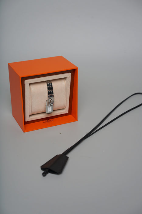Hermes Kelly XS Acier-Laque Paillete BL Bracelet Acier Box in Silver Noir (Brand New)