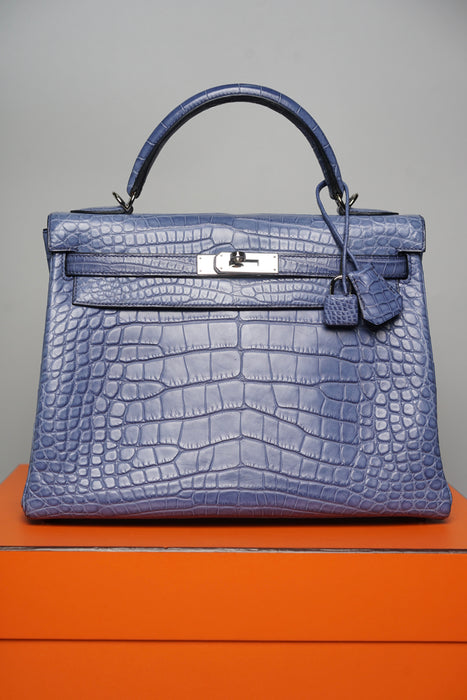 Hermes Kelly 32 in Blue Brighton Matte Alligator Phw