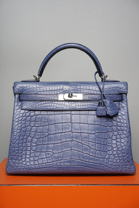 Hermes Kelly 32 in Blue Brighton Matte Alligator Phw