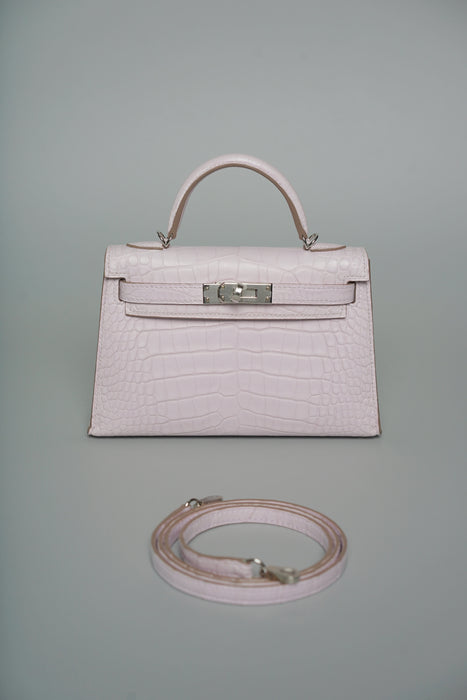 Hermes Kelly 20 in Mauve Pale Boreal Satine Alligator Phw (Brand New)