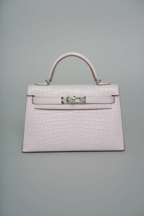 Hermes Kelly 20 in Mauve Pale Boreal Satine Alligator Phw (Brand New)