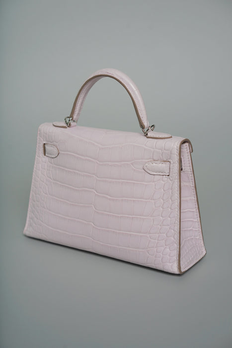 Hermes Kelly 20 in Mauve Pale Boreal Satine Alligator Phw (Brand New)