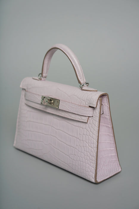 Hermes Kelly 20 in Mauve Pale Boreal Satine Alligator Phw (Brand New)