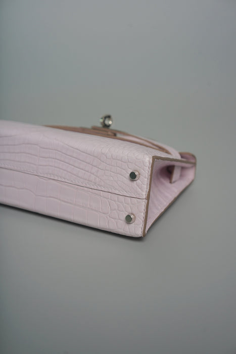 Hermes Kelly 20 in Mauve Pale Boreal Satine Alligator Phw (Brand New)