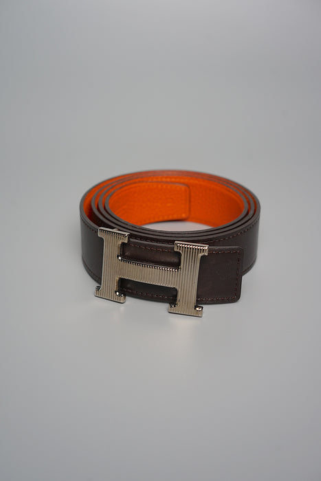 Hermes H Striee Reversible Belt in Noir/Orange Phw Size 90