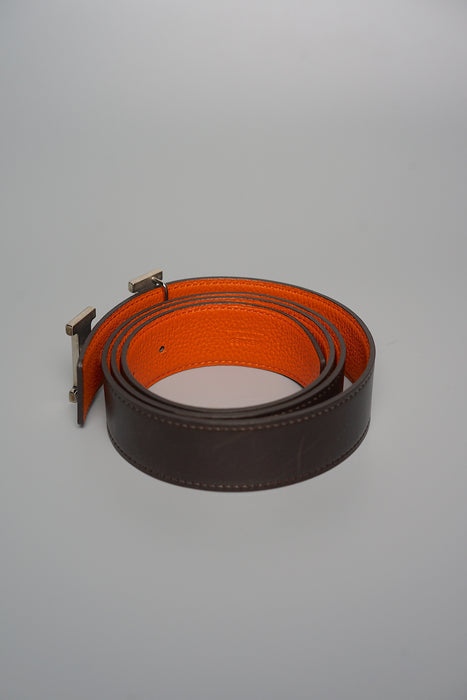 Hermes H Striee Reversible Belt in Noir/Orange Phw Size 90