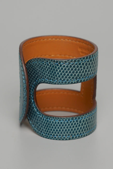 Hermes Ano Cuff in Bleu Petrole Lizard Size SM