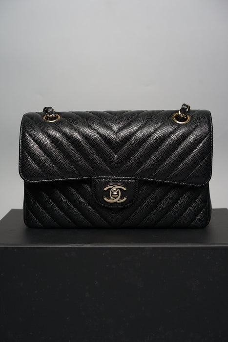 Chanel Small Double Flap in Black Chevron Caviar Ghw (Brand New)