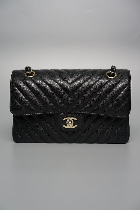 Chanel Small Double Flap in Black Chevron Caviar Ghw (Brand New)