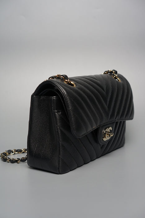 Chanel Small Double Flap in Black Chevron Caviar Ghw (Brand New)