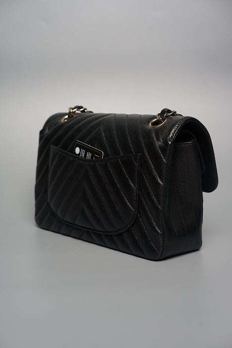 Chanel Small Double Flap in Black Chevron Caviar Ghw (Brand New)