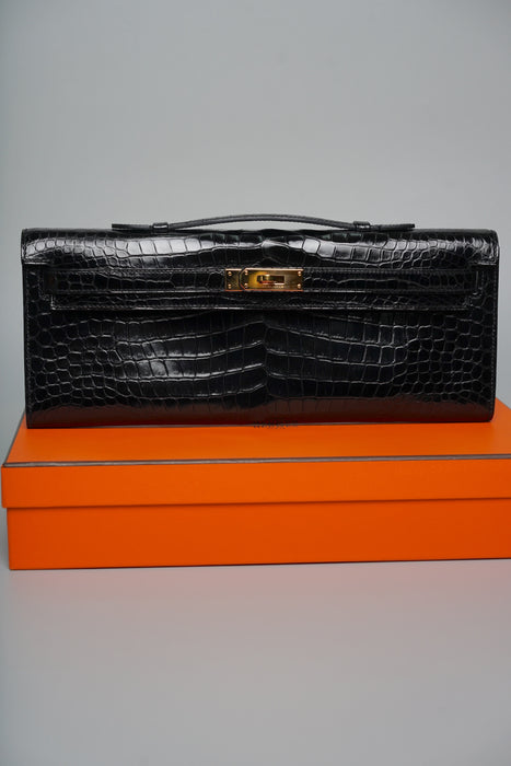 Hermes Kelly Cut in Noir Shiny Porosus Ghw