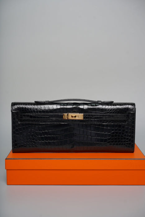 Hermes Kelly Cut in Noir Shiny Porosus Ghw