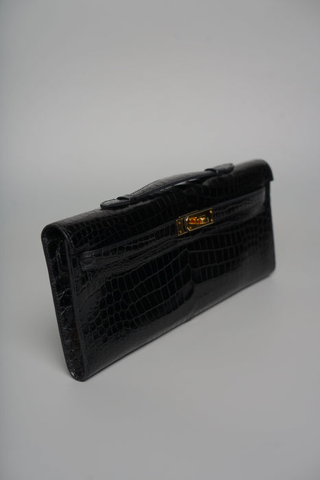 Hermes Kelly Cut in Noir Shiny Porosus Ghw