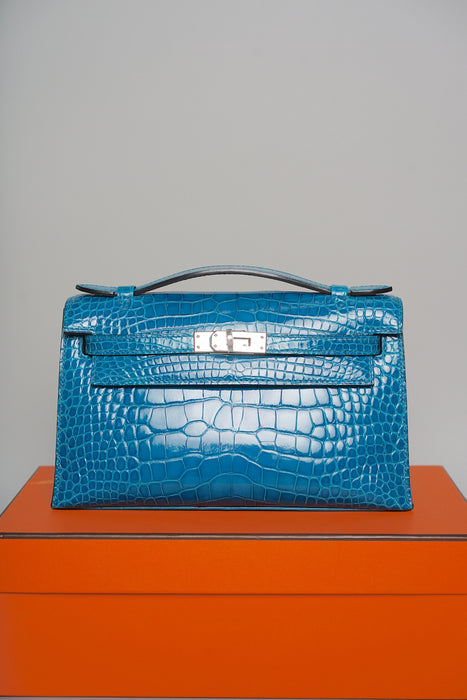 Hermes Kelly Pochette in Mykonos Shiny Alligator Phw