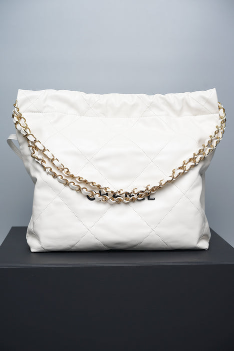 Chanel 22 in White Calfskin with Black Enamel Ghw