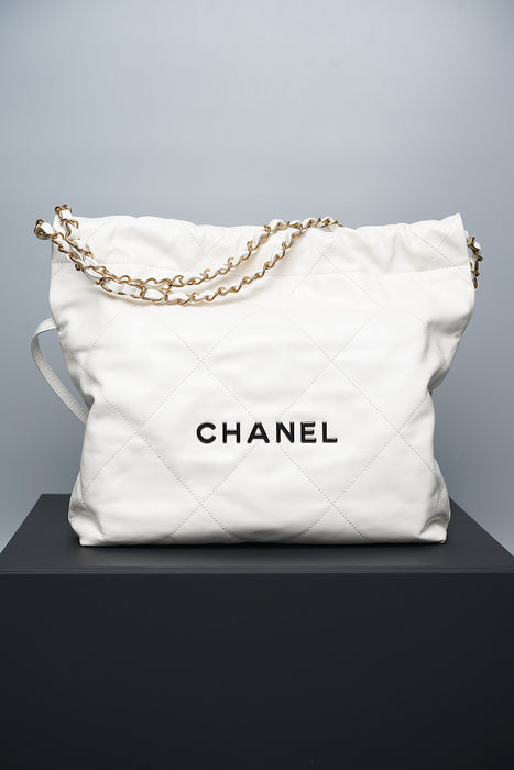 Chanel 22 in White Calfskin with Black Enamel Ghw