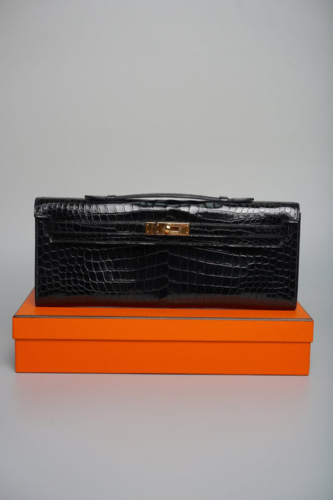 Hermes Kelly Cut in Noir Shiny Porosus Ghw