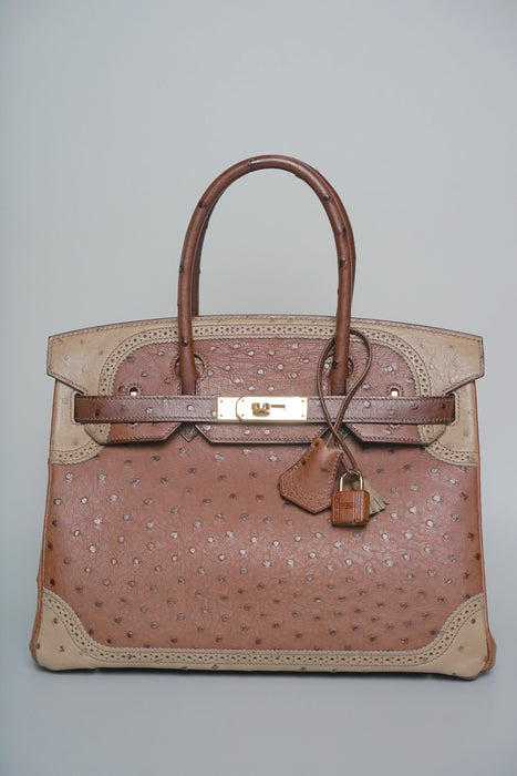 Hermes Birkin 30 in Ghillies Marron  Fonce Ostrich Permabrass