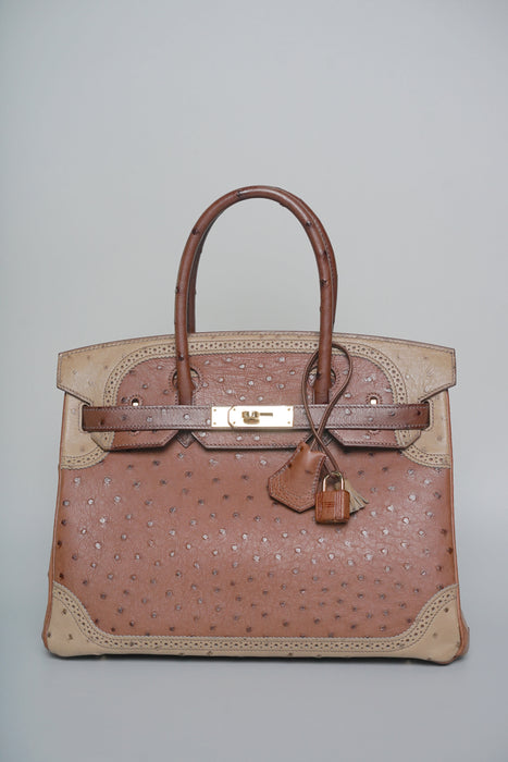 Hermes Birkin 30 in Ghillies Marron  Fonce Ostrich Permabrass