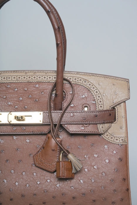 Hermes Birkin 30 in Ghillies Marron  Fonce Ostrich Permabrass