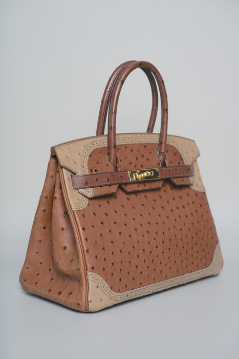 Hermes Birkin 30 in Ghillies Marron  Fonce Ostrich Permabrass