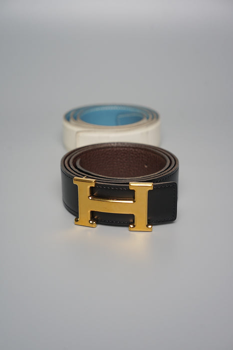 Hermes H Belt Buckle in Blanc/Bleu Jean and Noir/Etain Ghw Size 80