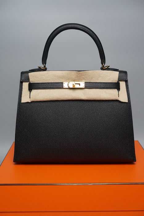 Hermes Kelly 25 in Black Epsom Sellier Ghw (Brand New)