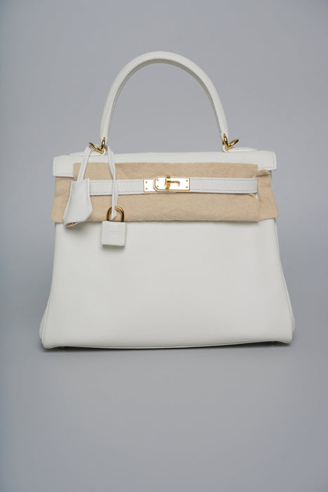 Hermes Kelly 25 in White Swift Ghw