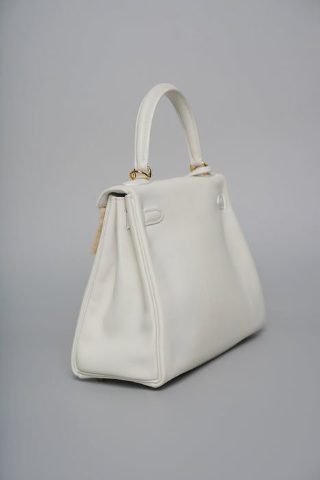 Hermes Kelly 25 in White Swift Ghw