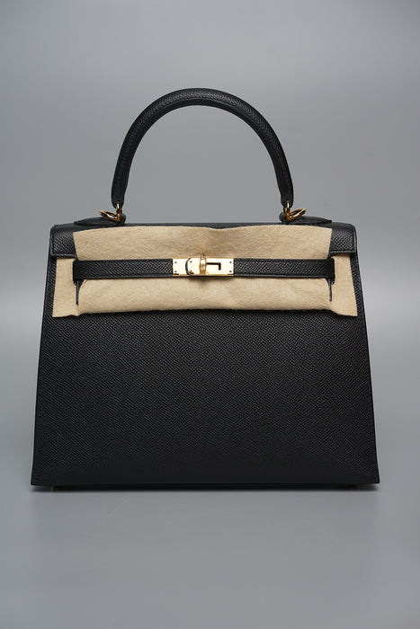 Hermes Kelly 25 in Black Epsom Sellier Ghw (Brand New)