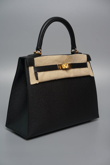 Hermes Kelly 25 in Black Epsom Sellier Ghw (Brand New)