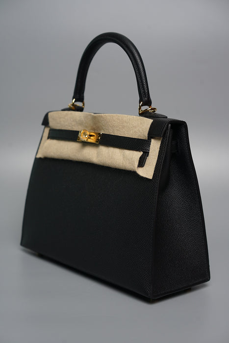 Hermes Kelly 25 in Black Epsom Sellier Ghw (Brand New)