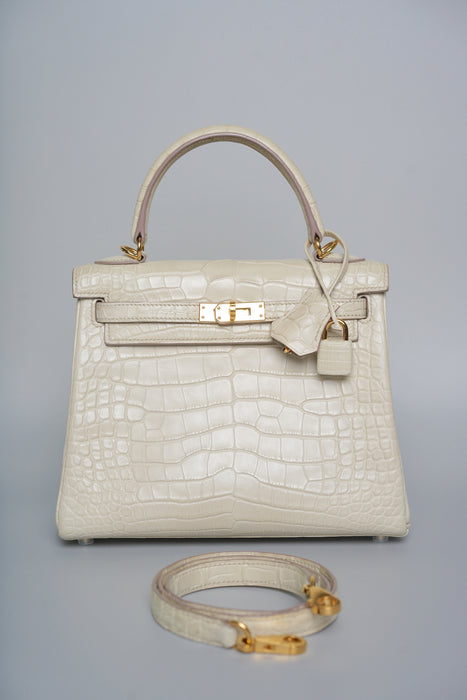 Hermes Kelly 25 in Beton Matte Alligator Ghw