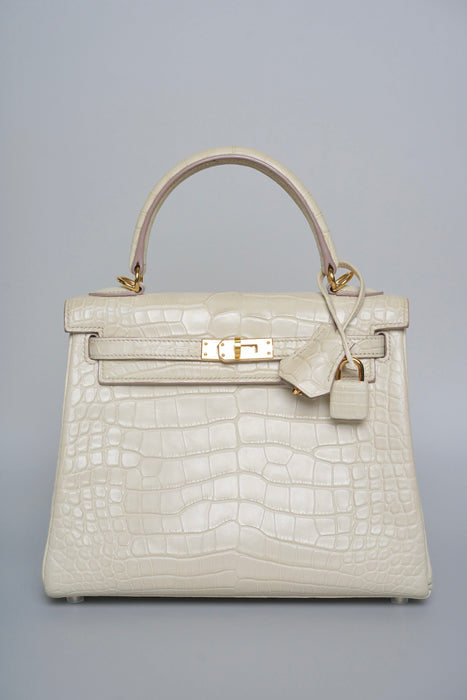Hermes Kelly 25 in Beton Matte Alligator Ghw