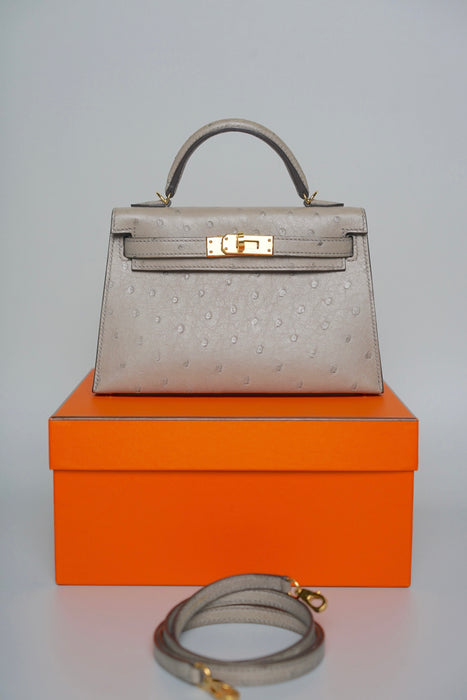 Hermes Kelly 20 in Gris T Ostrich Ghw