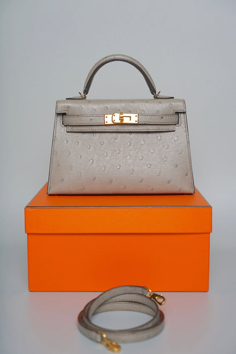 Hermes Kelly 20 in Gris T Ostrich Ghw