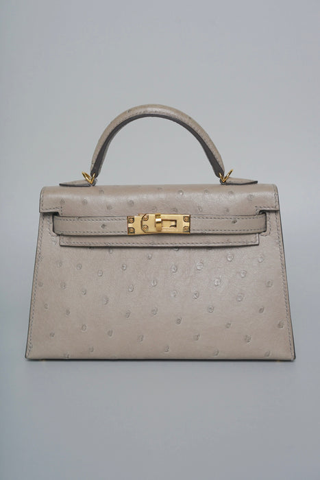 Hermes Kelly 20 in Gris T Ostrich Ghw
