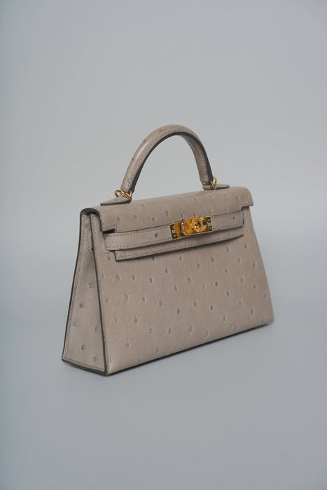 Hermes Kelly 20 in Gris T Ostrich Ghw