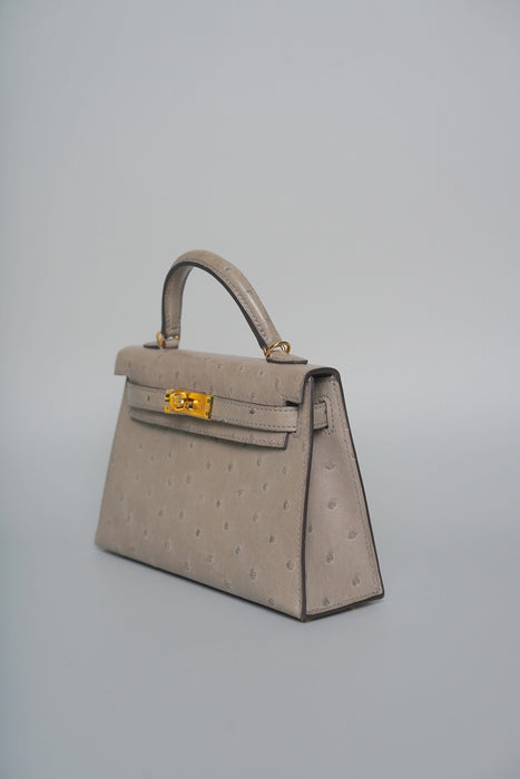 Hermes Kelly 20 in Gris T Ostrich Ghw