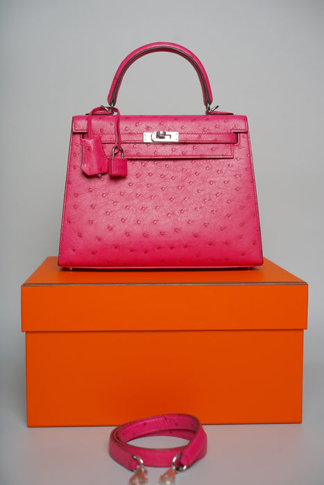 Hermes Kelly 25 in Rose Tyrien Ostrich Phw