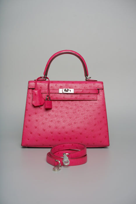 Hermes Kelly 25 in Rose Tyrien Ostrich Phw