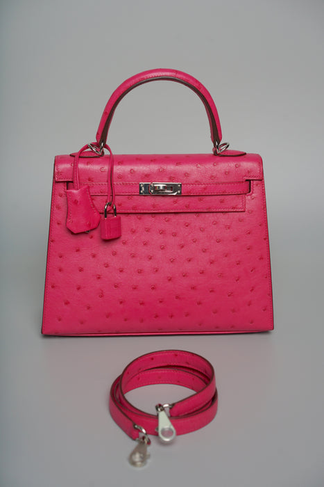 Hermes Kelly 25 in Rose Tyrien Ostrich Phw